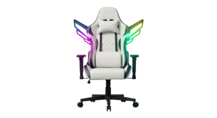 White gaming chair isolated on transparent background with rgb lights for comfort