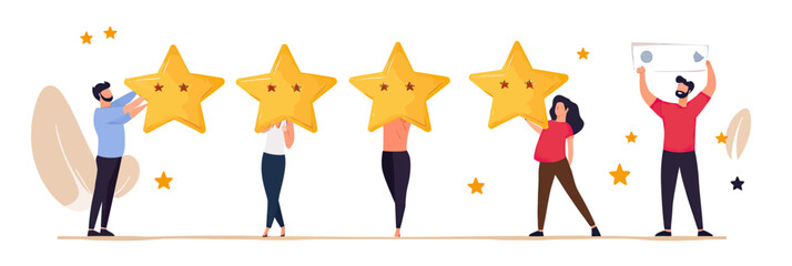 Group of diverse people holding large yellow star ratings and blank sign, customer feedback concept, service review evaluation illustration vector