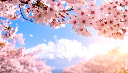 Blossoming cherry tree, delicate pink flowers against a blue sky, a distant snow-capped mountain is visible