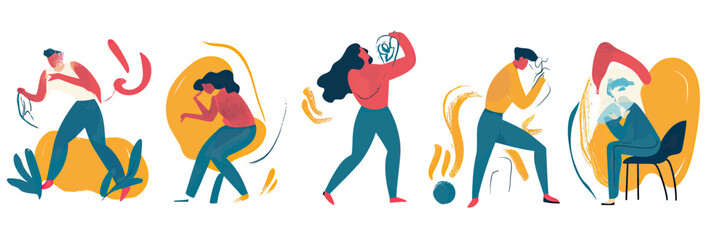 Mental health stress anxiety burnout depression emotional struggle abstract colorful flat vector illustration set with diverse people in dynamic poses fighting psychological issues