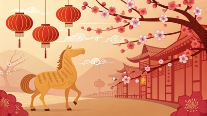 Fototapeta premium Golden Horse beside Red Lanterns and Plum Blossoms