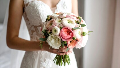Bridal bouquet held by bride in lacy dress, focused on pastel flowers, soft window light