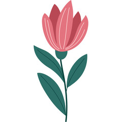 Delicate Pink Flower with Green Leaves and Stem Isolated on White Background Minimalist Illustration Botanical Element