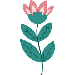 Delicate Pink Flower with Green Stem and Leaves on Transparent Background Vector Art