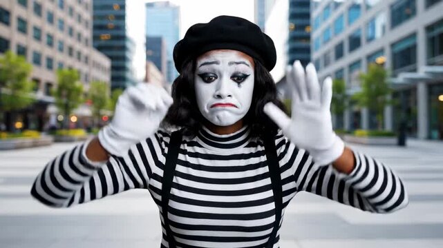 Young theatrical mime performing the invisible wall illusion with expressive facial gestures in a modern city plaza, captivating the audience with her silent comedy and dramatic street performance