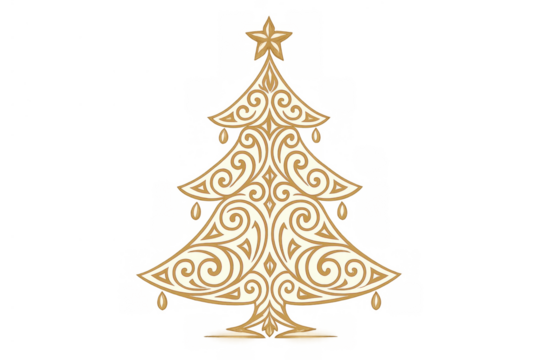 Golden ornate christmas tree with star decor, elegant holiday season symbol, festive winter celebration, transparent background