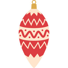 Elongated Red and Cream Christmas Ornament With Geometric Patterns and Golden Cap Hanging on Transparent Background