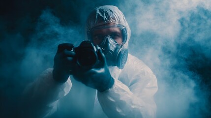 Fototapeta premium A person in a protective suit and gas mask holds a surrounded by dense blue smoke