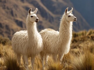 Obraz premium Two elegant llamas in a high-altitude Andean grassland habitat background
