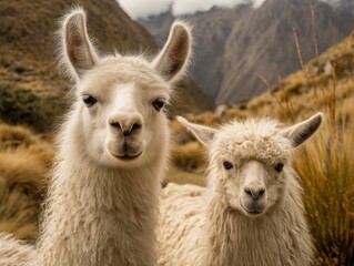 Obraz premium Two llamas portrait in Andean mountains scenery in the daytime outdoors