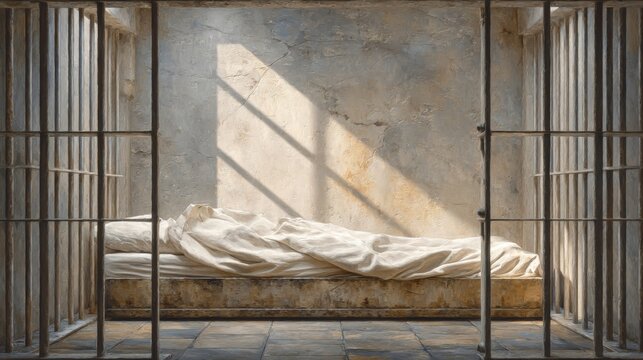 Captivity's light: Sunlight casts shadows in a stark prison cell