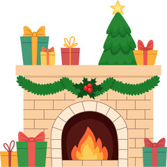 Festive Christmas Fireplace Scene With A Decorated Tree Wrapped Gifts And Glowing Fire Full Of Holiday Spirit And Warmth In A Cozy Home Interior Illustration