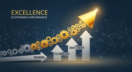 Confident Business Professional Investing in Superior Performance and Exceptional Service Excellence, Represented by a Spinning Tech Arrow Ideal for Corporate Websites and Presentations.