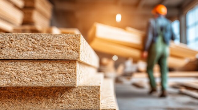OSB boards stacked in warehouse with blurred worker carrying lumber - Powered by Adobe