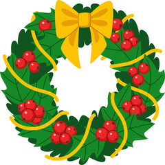 Festive Christmas Wreath with Holly Berries Green Leaves Yellow Ribbon and Gold Bow on Transparent Background for Holiday Decoration