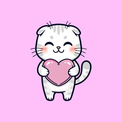 Cute Happy Scottish Fold Cat Holding Pink Heart Cartoon Vector Icon Illustration.