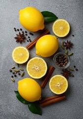 A vibrant arrangement of fresh lemons, aromatic spices, and natural elements, evoking a cozy and zesty sensory experience ,autumn ,zest ,lemon