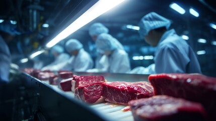 Meat processing production line with workers in white uniform quality control