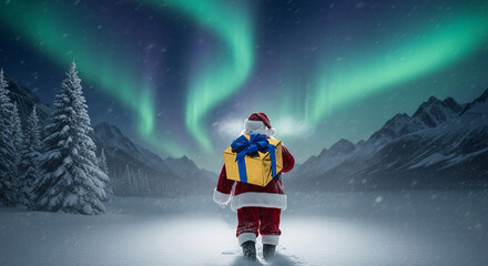 Naklejka premium Rear view of person in red suit with present under aurora sky, snowy field, evergreen tree, mountains in winter, holiday celebration spirit