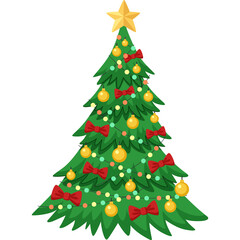 Decorated Christmas Tree With Golden Star Red Bows Yellow Ornaments And Green Lights Festive Holiday Celebration Graphic Element On Transparent Background