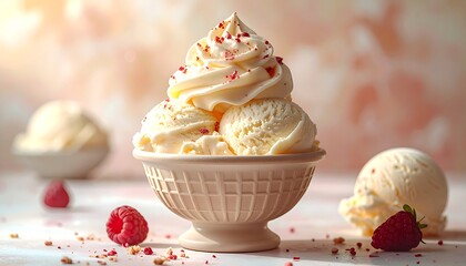 Creamy ice cream in a scalloped bowl, raspberries, with a blurred light pink and peach background