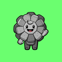 Cute Rock Monster Character Waving Hand on Green Background.