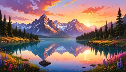 Tableau sur plexiglas Réflexion Majestic mountains reflected in calm lake at colorful sunset surrounded by trees  © Ghevray