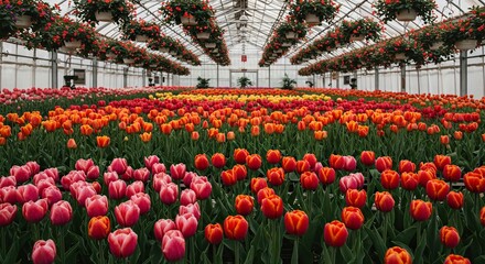 A vibrant array of colorful blooming flowers flourishing within a sunlit greenhouse, creating a serene botanical sanctuary ,paradise ,botanical ,environment