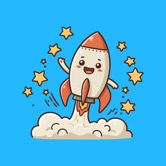 Cute Cartoon Rocket Launching with Stars on a Blue Background.