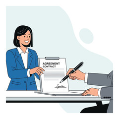 Businesswoman presenting an agreement contract a businessman signing the document with a pen vector illustration for business and legal concepts