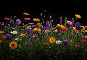 A vibrant array of diverse wild blossoms thriving together, showcasing rich botanical variety and ecological balance in nature's garden ,delicate ,spring ,species