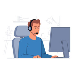 Man wearing headset working on computer flat vector illustration of customer service representative isolated on white background