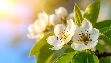 Delicate white blossoms, bright green leaves, and warm sunlight fill the frame with a soft blue sky in the background
