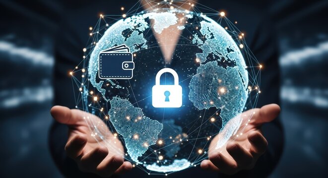 Confident Businessperson Securing Global Financial Transactions on Digital Earth Pad, Representing Financial Security and Protection in Modern Business Scenario Perfect for Corporate Websites. - Powered by Adobe