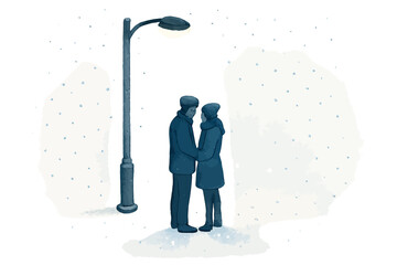 Couple embracing in winter snow under streetlight