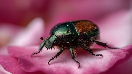 Fototapeta premium A ro shot of a metallic green and bronze beetle resting on a delicate pink rose petal