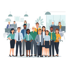Diverse team of business professionals standing together in an office a vector illustration for corporate culture and teamwork isolated on white