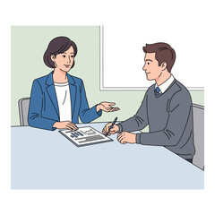 Business meeting illustration a man signing a contract with a businesswoman vector design for corporate communication