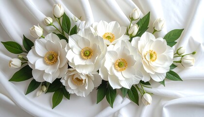 Elegant white flowers with yellow centers are arranged on soft, draped white fabric