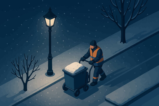 Nighttime snow removal: asian male worker clears sidewalk in winter scene