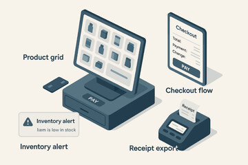 E-commerce system illustration: product grid, checkout flow, inventory alert, receipt export