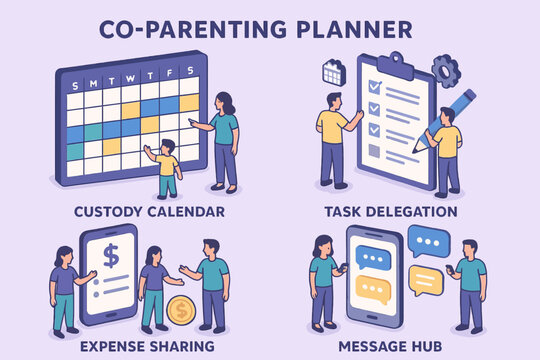 Co-parenting planner with custody calendar and task delegation for effective parenting