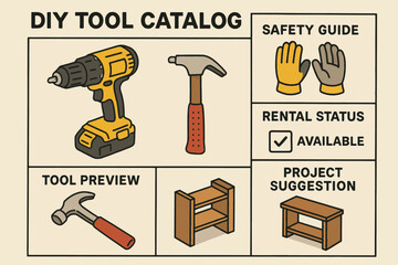 Diy tool catalog design with drill, hammer, gloves, and project suggestions