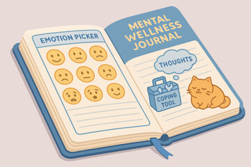 Open mental wellness journal with emotion picker and coping tools illustration