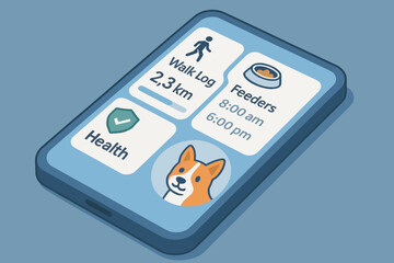 Dog activity tracker app interface with walk log and scheduled feeders on mobile device