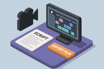 Digital film editing concept with script and export film button illustration