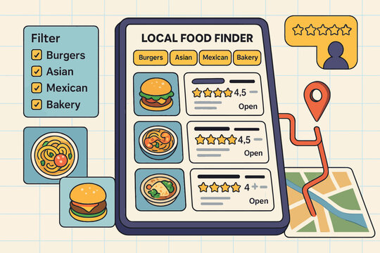 Local food finder app interface with burger asian mexican bakery options