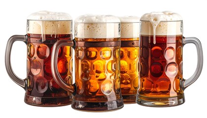 Four overflowing steins of dark amber beer with rich, foamy heads, isolated on a white background