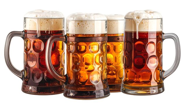 Four overflowing steins of dark amber beer with rich, foamy heads, isolated on a white background