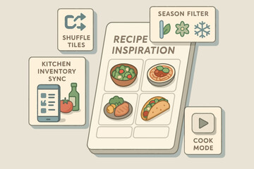 Innovative recipe inspiration interface with season filters and kitchen sync options